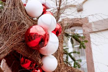 decorative red and white new year balls outdoor