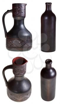 georgian ceramic pottery pitcher and bottle isolated on white background
