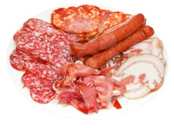 plate with various meat delicacies isolated on white background