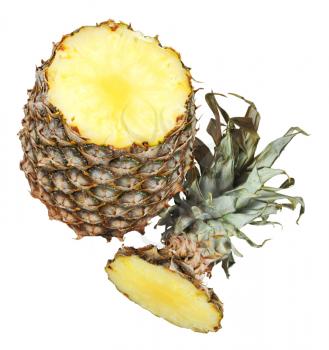 ripe pineapple with cut tip isolated on white background