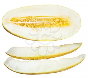 above view of two slices and half of Uzbek-Russian Melon (mirzachul melon, gulabi melon, torpedo melon) isolated on white background
