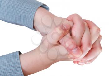 above view of clenched hands - hand gesture isolated on white background