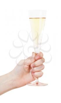 hand raises glass with champagne isolated on white background