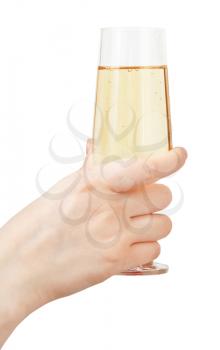 hand holds glass goblet with sparkling wine isolated on white background