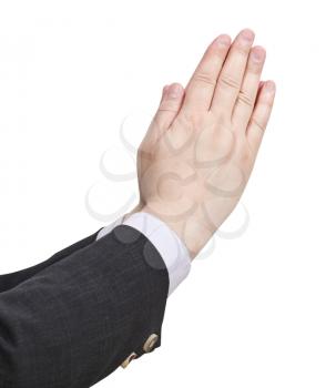 businessman prays - hand gesture isolated on white background