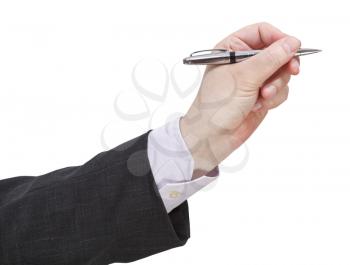 side view of businessman hand with silver pen isolated on white background