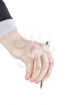 businessman hand with metal pen isolated on white background