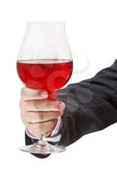 front view of red wine glass in male hand isolated on white background