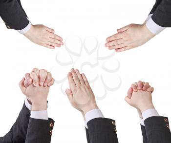set of businessman clasped hands - hand gesture isolated on white background