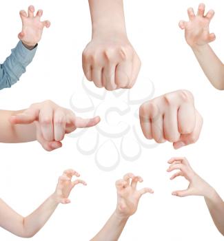 set of aggressive female hand gesture isolated on white background