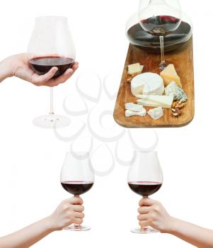 set of hand rises big glass with red wine isolated on white background