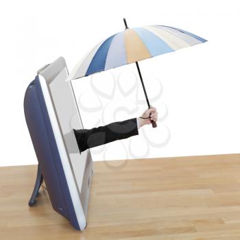weather forecast - hand with striped umbrella leans out TV screen isolated on white background