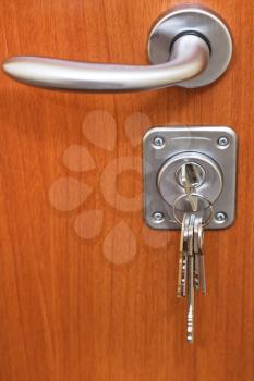 door handle bunch of keys in keyhole of wooden door