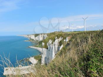 wind farm on english channel coast in Normandy of Etretat cote d'albatre, France