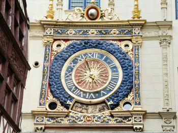 medieval renaissance wall clock on rue du gros horloge, Rouen, France