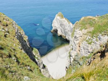 rocky coast cote d'albatre of english channel near Etretat village, France