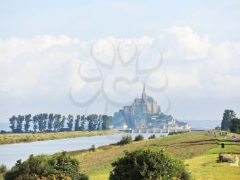 scene with mont saint-michel abbey, Normandy, France