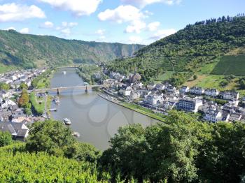 view of Moselle river, vineyards, Cochem town in Germany
