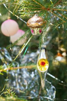 house, balls, lantern christmas tree vintage decoration close up