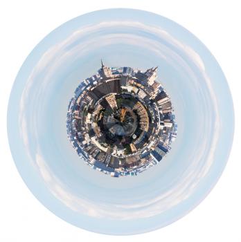 little planet - urban planet with spherical cityscape isolated on white background