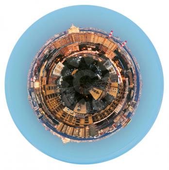 little planet - urban spherical panoramic view of residential area in Moscow in evening isolated on white background
