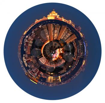 little planet - urban spherical panoramic view of residential area in Moscow in night isolated on white background