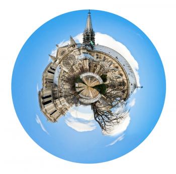 little planet - urban spherical view of cathedral Notre Dame de Paris isolated on white background