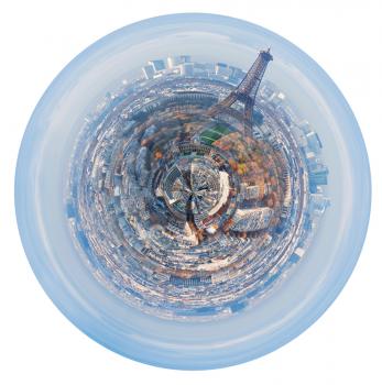 little planet - urban spherical panorama of Paris with eiffel tower isolated on white background