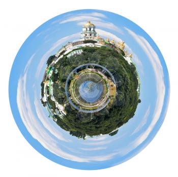 little planet - spherical panoramic view of dnieper Riverside with Kiev Pechersk Lavra, Ukraine isolated on white background