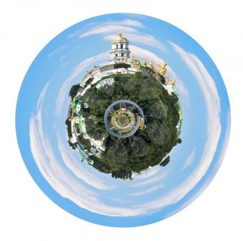 little planet - spherical panoramic view of Kiev Pechersk Lavra, Ukraine isolated on white background