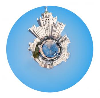 little planet - urban spherical Moscow cityscape with Stalin's high-rise building on kotelnicheskaya embankment isolated on white background
