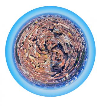 little planet - urban spherical panoramic view of old city of Bologna, Italy isolated on white background