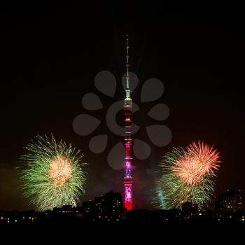 Night scenery of Moscow city with Ostankino TV Tower and fireworks