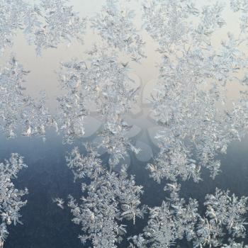 frost patterns on windowpane close up at cold winter dawn