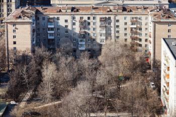 above view of urban yard in residential district in Aeroport district of Moscow in spring