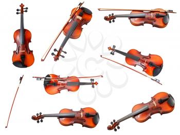 set of classical modern violins and french bows isolated on white background