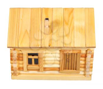 above view of facade of model of simple village wooden log house isolated on white background