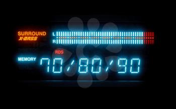 blue scale of sound volume on illuminated indicator board of radio receiver close up