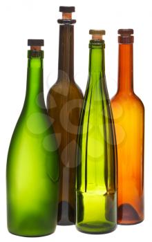 side view of colored empty closed wine bottles isolated on white background