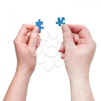 male and female hands holding blue puzzle pieces isolated on white background