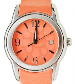 twelve o'clock on dial of orange wristwatch isolated on white background