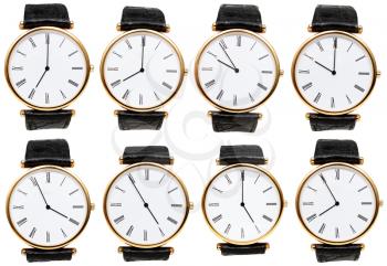 set of wristwatch dials with different time isolated on white background