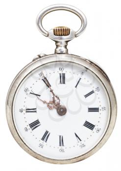 five minutes to ten o'clock on the dial of retro pocket watch isolated on white background