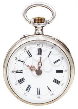 ten o'clock on the dial of retro pocket watch isolated on white background