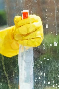 hand in rubber glove cleans window by spray glass cleaner bottle