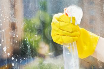 hand in rubber glove washes home window from spray bottle
