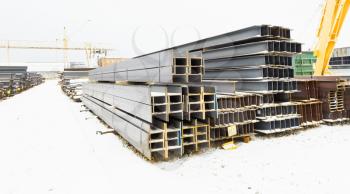 steel bars in outdoor warehouse in winter