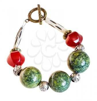 bracelet from red jade and green serpentine ophite stone beads isolated on white background