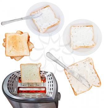 sandwiches from bread and soft cheese with toaster isolated on white background