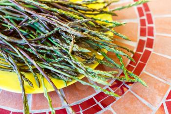 green wild asparagus shoots on yellow plate